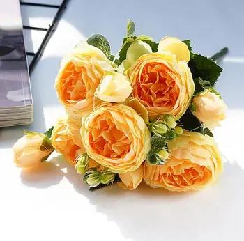 1 Puokštė 5 vadovai Rožių Žiedų Dirbtinio Šilko Bijūnas vestuvių Gėlės, gimtadienio namų dekoracijas Netikrą Gėlės