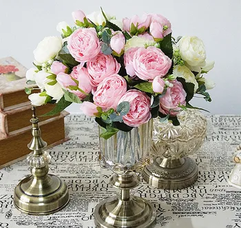 1 Puokštė 5 vadovai Rožių Žiedų Dirbtinio Šilko Bijūnas vestuvių Gėlės, gimtadienio namų dekoracijas Netikrą Gėlės