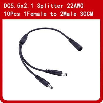 10vnt Jungties Laido Adapteris, Splitter Cable 1 DC Moteris 2 Lizdas 5.5X2.1mm DC Male Plug Kabelio VAIZDO Kamera LED Šviesos Juostelės