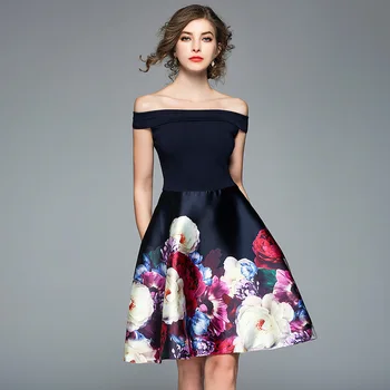 2018 m. Pavasarį Naujas Moterų Suknelė Seksualus Velniop Kaklo Gėlių Spausdinti Midi Suknelė Elegantiška Moteriška Linija Šalies Klubas Suknelės