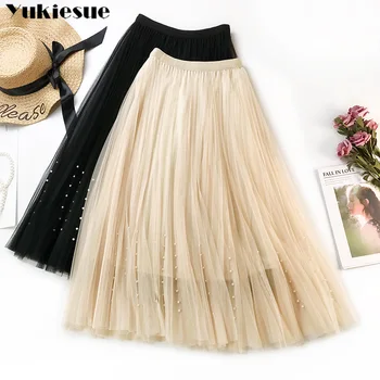 2019 m. pavasario Vasaros duobute Tiulio Sijonas Moterims, plisuotos blizga tutu sijonas-line akių midi Sijonas moterų ilgas elegantiškas kietas sijonas