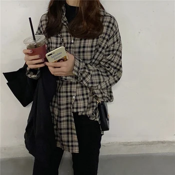 2019 m. Pavasarį, Rudenį Korėja Mada Moterims ilgomis Rankovėmis Laisvi Marškinėliai Kailio Viskas suderinta Atsitiktinis Pledas Palaidinė Viršūnes Moterų Blusas S449