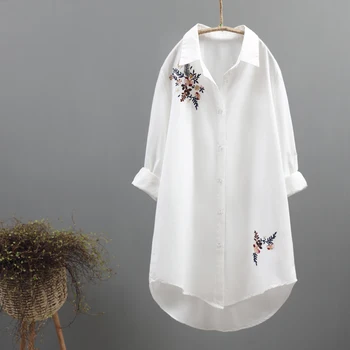 2019 m. rudenį, žiemą nauja, moterų ilgas, baltos spalvos marškinėliai office lady gėlių siuvinėjimas prarasti elegantiška palaidinė outwear viršūnės