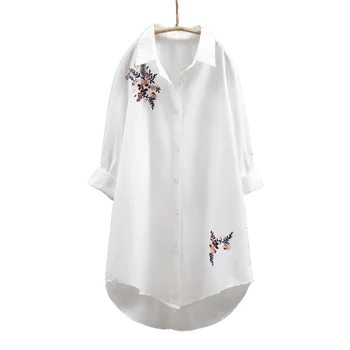 2019 m. rudenį, žiemą nauja, moterų ilgas, baltos spalvos marškinėliai office lady gėlių siuvinėjimas prarasti elegantiška palaidinė outwear viršūnės