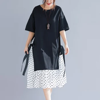 2019 vasaros nauji juodi Medvilnės Dot suknelė moterims Atsitiktinis Palaidų O-Kaklo Kelio Ilgio suknelė temperamentas Didelio dydžio suknelė trumpomis rankovėmis
