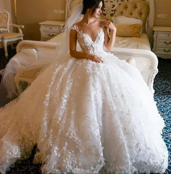 2020 3D Gėlių Appliques Kamuolys Suknelė Vestuvių Suknelės Vien Brangakmenis Kaklo Bžūp Rankovėmis Prabanga arabų Vestuvinės Suknelės Šalies Vestuvių suknelė