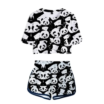2020 Juokinga Panda 3D Moterims Dviejų dalių Komplektas Mados Vasaros trumpomis Rankovėmis Pasėlių Top+Shorts Merginos Atsitiktinis Seksualus Streetwear Gyvūnų Drabužiai