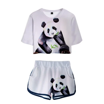 2020 Juokinga Panda 3D Moterims Dviejų dalių Komplektas Mados Vasaros trumpomis Rankovėmis Pasėlių Top+Shorts Merginos Atsitiktinis Seksualus Streetwear Gyvūnų Drabužiai