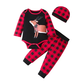 2020 Kalėdų AutumnToddler Kūdikiui Baby Girl Drabužiai Nustatyti Raudonas Pledas ilgomis Rankovėmis Elnias Bodysuit Kelnes, Skrybėlę 3PCs Komplektus 0-12M