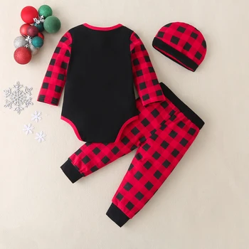 2020 Kalėdų AutumnToddler Kūdikiui Baby Girl Drabužiai Nustatyti Raudonas Pledas ilgomis Rankovėmis Elnias Bodysuit Kelnes, Skrybėlę 3PCs Komplektus 0-12M
