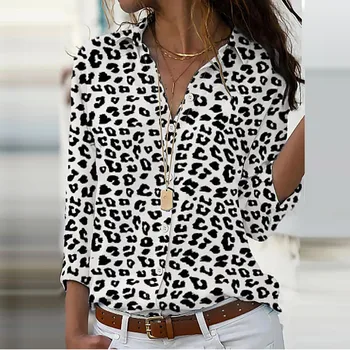 2020 m. Darbo Drabužiai Moterims Palaidinės ilgomis Rankovėmis Leopard Mygtukai Marškinėliai Atsitiktinis Turn-žemyn Apykaklės Rudenį Viršūnes Kritimo Palaidinė Skraiste Femme