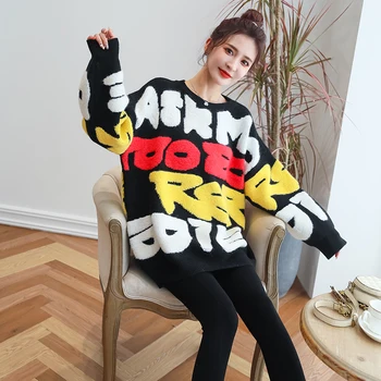 2020 M., Nauja Rudens Žiemos Moterys Tirštėti Šiltas Megztinis Aukštos Kokybės Mados Didelis Laišką Žakardo Laisvas Megztinis Streetwear
