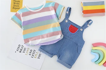 2020 metų Vasaros Kūdikių Mergaičių Drabužių Rinkiniai Kūdikiams, Vaikiška Stripe T Shirt Džinsinio šortai Vaikams, Vaikams Laisvalaikio Drabužiai