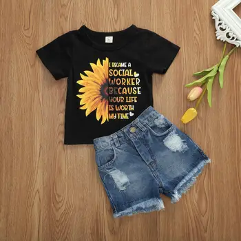 2020 metų Vasaros Mados Bamblys Vaikas Baby Girl Saulėgrąžų Viršūnės T-Marškiniai + Džinsai, Šortai, Kelnės, Komplektai, 2vnt Drabužių Rinkiniai, 1-6Years