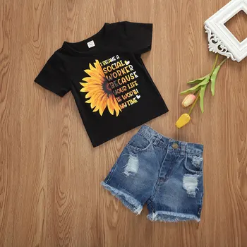 2020 metų Vasaros Mados Bamblys Vaikas Baby Girl Saulėgrąžų Viršūnės T-Marškiniai + Džinsai, Šortai, Kelnės, Komplektai, 2vnt Drabužių Rinkiniai, 1-6Years