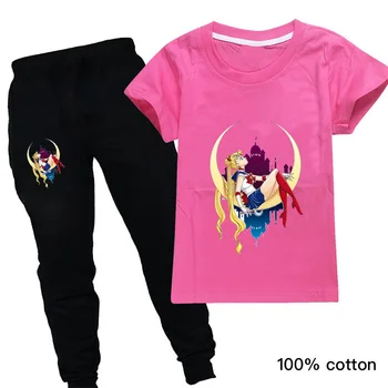 2020 Naujas Berniukams trumpomis Rankovėmis Sailor Moon Marškinėliai+kelnės Vasaros Bamblys Tracksuit O-Kaklo Vaikų Mergaičių Drabužių Komplektus, Rinkinius