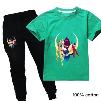 2020 Naujas Berniukams trumpomis Rankovėmis Sailor Moon Marškinėliai+kelnės Vasaros Bamblys Tracksuit O-Kaklo Vaikų Mergaičių Drabužių Komplektus, Rinkinius