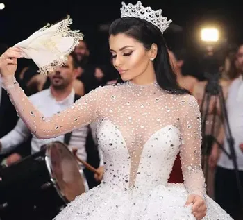 2020 Prabanga Kristalai Aukšta Apykakle ilgomis Rankovėmis Kamuolys Suknelė Vestuvių Suknelės Bling arabų Dubajus Vestuvinės Suknelės vestidos de mariee