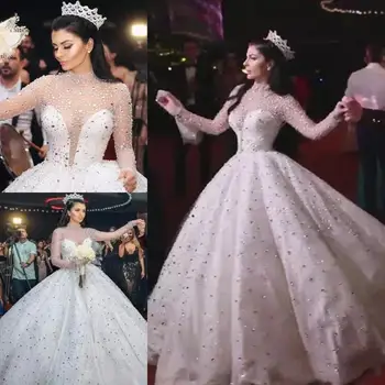 2020 Prabanga Kristalai Aukšta Apykakle ilgomis Rankovėmis Kamuolys Suknelė Vestuvių Suknelės Bling arabų Dubajus Vestuvinės Suknelės vestidos de mariee