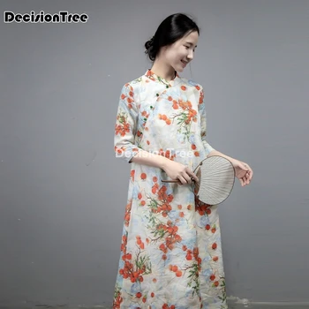 2021 kinų tradicinė apranga womne moterų lino qipao cheongsam suknelė retro vintage suknelė elegantiškas kostiumas šalis