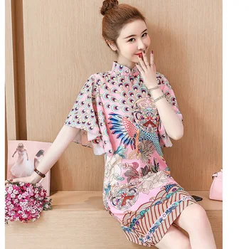 2021 Naujas Vasaros Trumpas Cheongsam Qipao Kinijos Mini Suknelės Mados Atsitiktinis Rožinė Spausdinti Šiuolaikinės Cheongsam Retro Nacionalinės Stiliaus Qipao