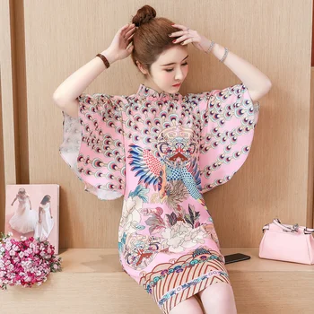 2021 Naujas Vasaros Trumpas Cheongsam Qipao Kinijos Mini Suknelės Mados Atsitiktinis Rožinė Spausdinti Šiuolaikinės Cheongsam Retro Nacionalinės Stiliaus Qipao
