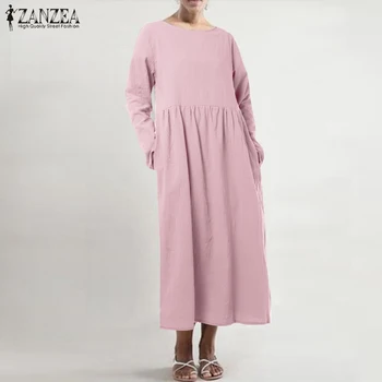 2021 ZANZEA Mados Atsitiktinis ilgomis Rankovėmis Marškinėliai Vestidos Plisuotos Midi Suknelė Moterų Rudenį Sundress Moterų, O Kaklo Kietas Apdaras Femme