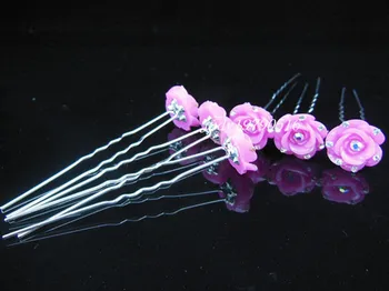 20pcs/aikštelė, Nemokamas Pristatymas Hot Pink Gėlių su mažai Kristalų plaukų smeigtukai. Vestuves Moteris, Plaukų clips