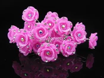 20pcs/aikštelė, Nemokamas Pristatymas Hot Pink Gėlių su mažai Kristalų plaukų smeigtukai. Vestuves Moteris, Plaukų clips