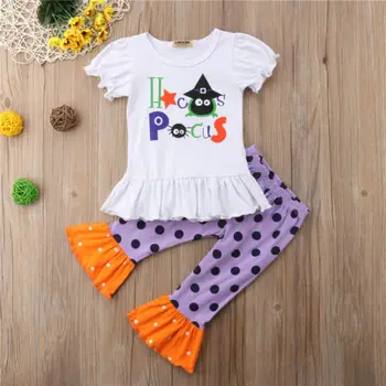2vnt Kūdikių Mergaičių Halloween Kostiumai Komplektai Kūdikiams Ragana Voras Print T-Shirt+Polka Dot Pynimas Kelnes Rinkinys