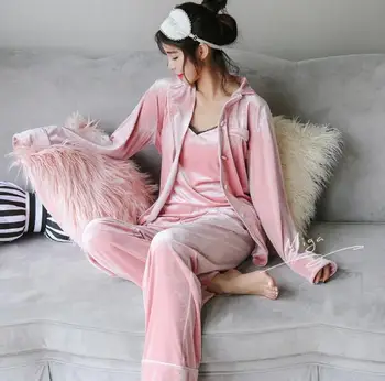 3 Gabalas 2019 Naujas Žiemos Veliūras Seksualus Sleepwear Moterų Prarasti Pižama Lady Tirštėti Naktiniai Drabužiai Šiltų Namų Rinkiniai