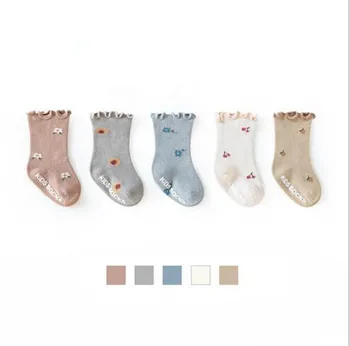 3Pairs Pack 2021New 0-5Y Pavasarį nauja vaikų kojinės gėlių, medienos ausis mergaičių kojinės, neslidžia kūdikių viduryje vamzdis grindų kojinės