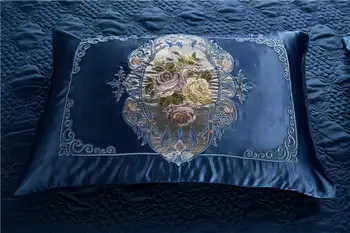 45 Stilius Royal Patalynės komplektas Žiedų Gėlių Siuvinėjimas Mėlyna Antklode Padengti Šilko Satino Lova, nustato Karalienės ir Karaliaus dydžio Lova rinkinys