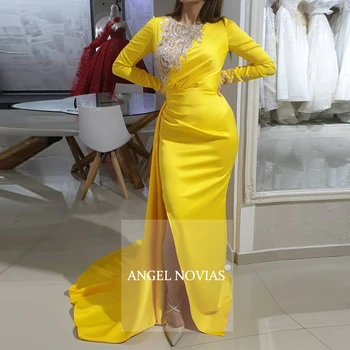 Angel Novias ilgomis Rankovėmis Undinė Geltona arabų Abendkleider vakarinę Suknelę 2020