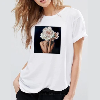 AOWOF Ponios Naujas Harajuku Estetinės T-shirt Ponios Sexy Gėlių Spausdinti į Viršų trumpomis Rankovėmis Viršų Mados Atsitiktinis Viršų Apvalios T-shirt