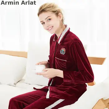 Armin Arlat Aukso Aksomo Pižama Moterims ilgomis Rankovėmis Sleepwear Rinkiniai Famale Sutumn/žiemos Naktį Kostiumas Pižamos Laisvalaikio Namuose Nustatyti 2piece