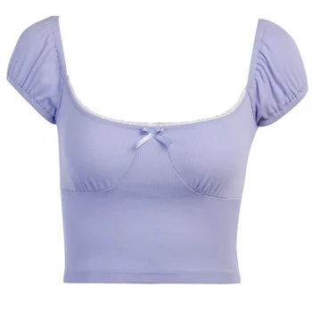 Asmenybės naujas stilius kvadratinių kaklo lankas T-shirt moterų atvira bamba universalus moterų drabužiai burbulas rankovės seksualus, trumpas rankovės