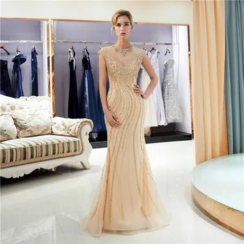 Aukso Prom Dresses 2019 su traukiniu undinė promenadzie suknelė aukštu kaklu iliuzija ruched grindų ilgis tiulio vakarinę suknelę vestidos