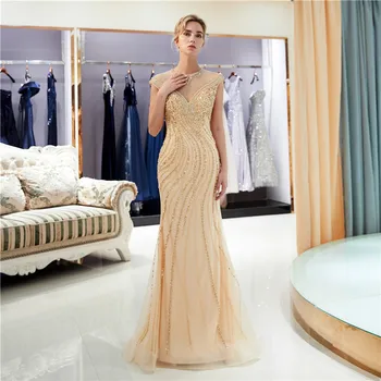 Aukso Prom Dresses 2019 su traukiniu undinė promenadzie suknelė aukštu kaklu iliuzija ruched grindų ilgis tiulio vakarinę suknelę vestidos