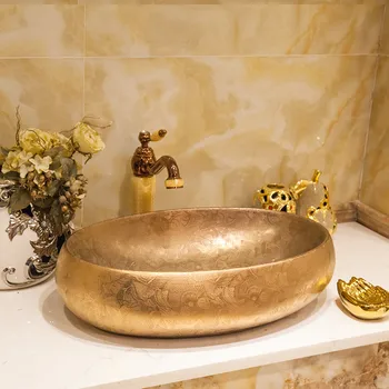 Aukso/Sidabro ovalo formos Sidabro mozaikos dizainas Ovalo formos baseino praustuvas Jingdezhen Meno keraminės kriauklės laivo kriauklės stalviršio Vonios kambarys