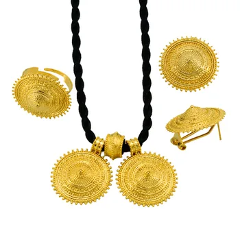 Aukso Spalvos Etiopijos Etninės Karoliai, Auskarai, Žiedas lengvas Papuošalų rinkiniai Afrikos Eritrėja Habesha Vestuvių rinkiniai #J0792