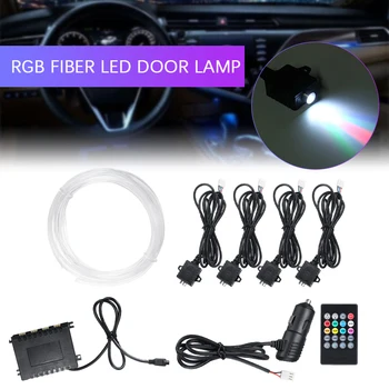Automobiliu Interjero apšvietimo Automobilių RGB Optinio Pluošto LED Durų Dekoratyvinės Šviesos Atmosfera Lempos Balso/Nuotolinio Valdymo pultas 12V