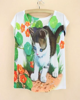 Balta katė Gyvūnų Spausdinti Viršūnes gėlių lapų, mėlynas akis katė 3D spausdinimo marškinėlius naujausias dizaino tendencijas Grafika Tees