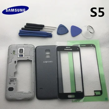 Balta/Mėlyna/Juoda/Aukso Samsung Galaxy S5 SV i9600 G900 Visą Korpuso Dangtis Atveju+Išorinis Ekranas Stiklas+Lipdukas + įrankiai