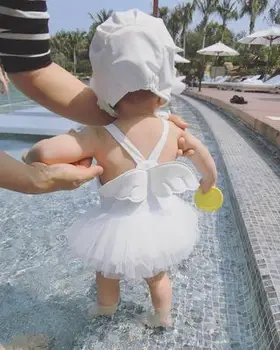 Balta Rausva Vaikų Maudymosi Mielas vientisas Bamblys Baby Princess Sparno Plaukimo Kostiumai Su Bžūp Vasaros Paplūdimio Maudymosi Kostiumai