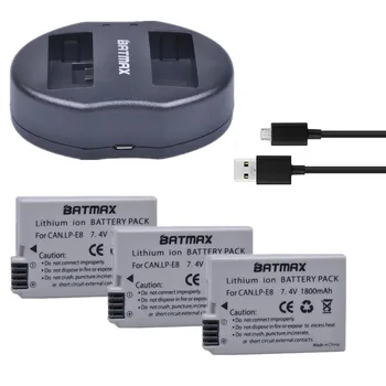 Batmax 3pcs LP-E8 LP E8 Fotoaparato Bateriją Bateria+Dual USB Kroviklis skirtas Canon EOS 550D 600D 650D 700D Rebel T2i T3i T4i Kiss X4 X6i