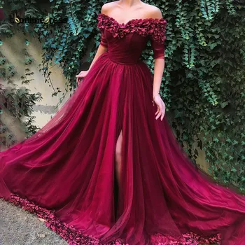Bbonlinedress Bordo Vakaro Suknelės 2020 nuo Peties Rankoves 3D Gėlių Padalinta Ilgai Oficialų Suknelė chalatas de soiree