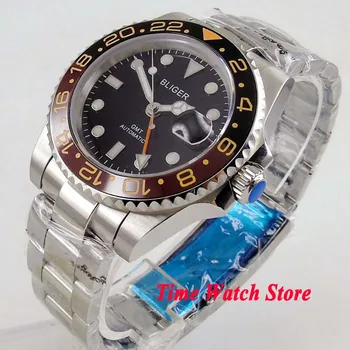 Bliger 40mm GMT 3804 automatinis laikrodis vyrams, vandeniui black dial oranžinės spalvos ženklus, safyro stiklas šviesos keraminiai rėmelio 150