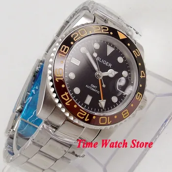 Bliger 40mm GMT 3804 automatinis laikrodis vyrams, vandeniui black dial oranžinės spalvos ženklus, safyro stiklas šviesos keraminiai rėmelio 150