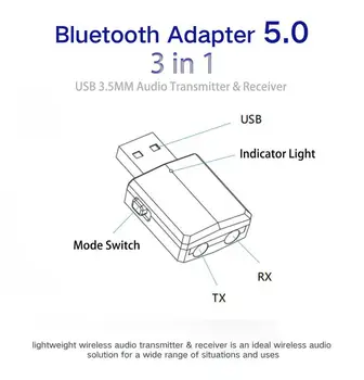 Bluetooth 5.0 USB Siųstuvas, TELEVIZIJOS 3.5 mm Mini Automobilio 